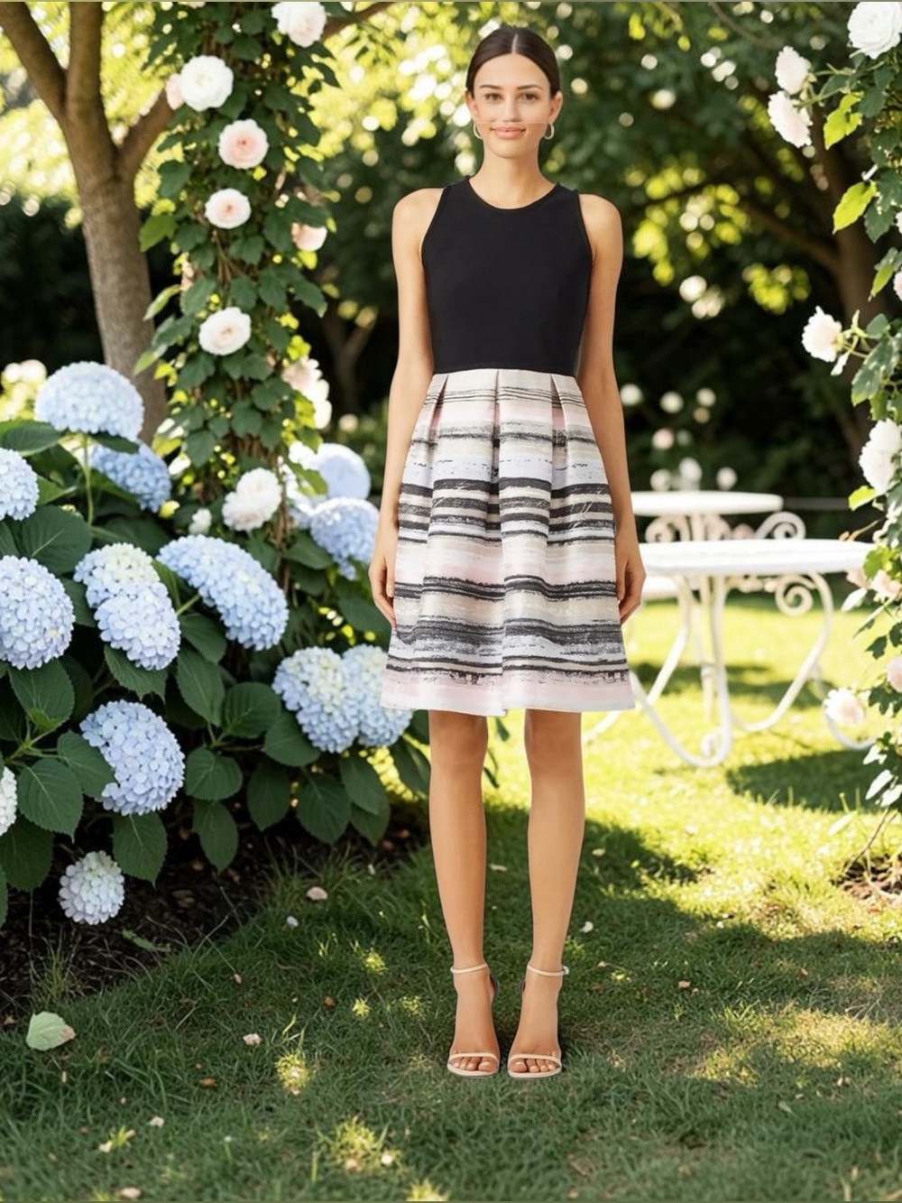 Carmen Marc Valvo Black and Blush Stroke Dress